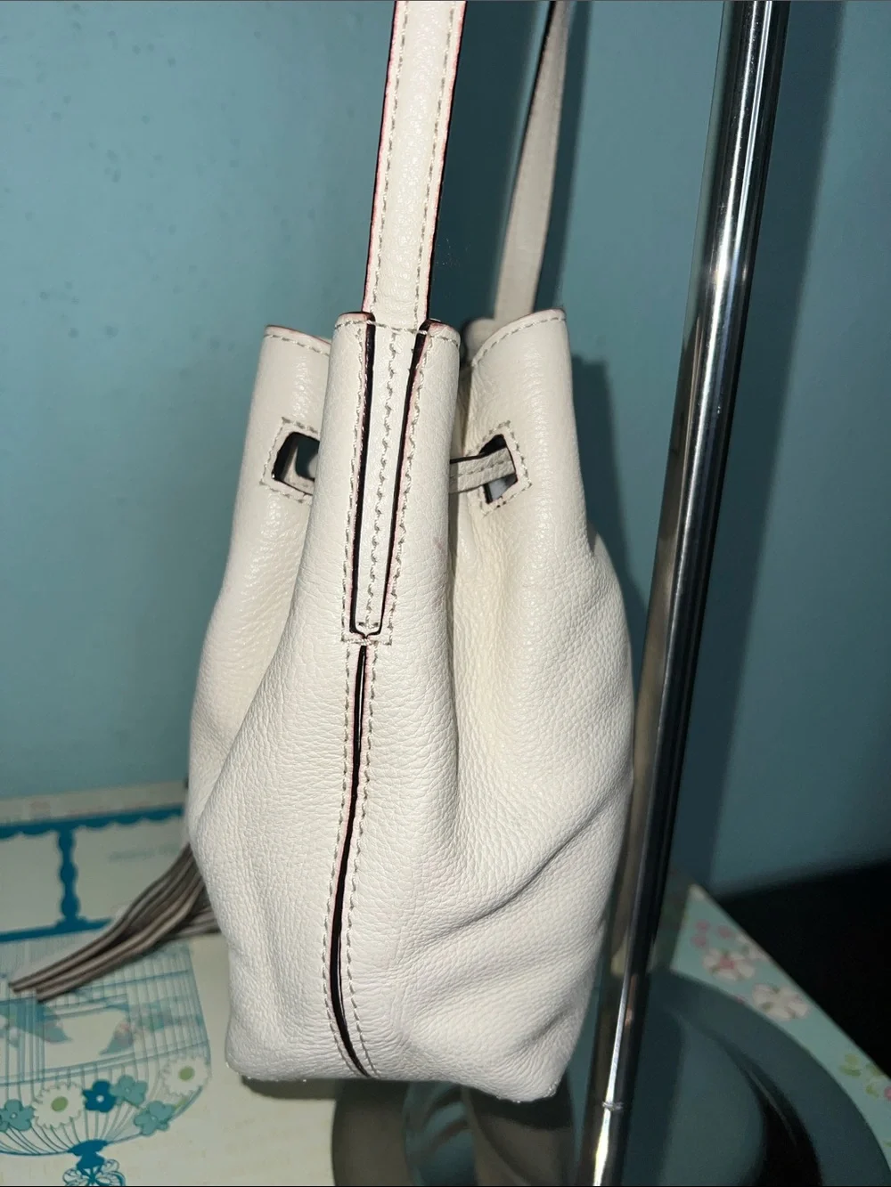 kate spade White Leather Drawstring Bucket Crossbody with Tassels
